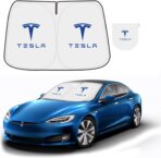 300T Sunshade for Tesla Model Y Model 3, Car Accessories 2026 for Tesla, Front Window Sunshade with Organizer Bag, Gifts for Tesla Owners
