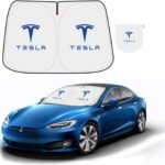 300T Sunshade for Tesla Model Y Model 3, Car Accessories 2026 for Tesla, Front Window Sunshade with Organizer Bag, Gifts for Tesla Owners