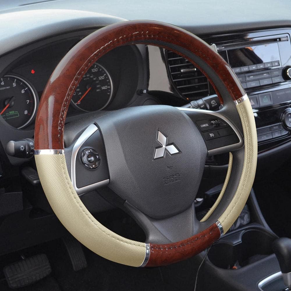 61oxCmhC6VL._AC_SL1000_.jpg BDK Dark Wood Grain Car Steering Wheel Cover, Standard 15 inch with Beige Faux Leather Grip, Made to Fit Most Auto Truck Van SUV - Image 1