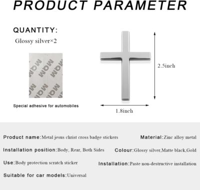 2PCS Metal Jesus Christ Cross Badge Stickers, 2.5"×1.8" Alloy 3D Individual Car Cross Sticker, Self Adhesive Scratch Covering Metal Cross Auto Emblem Decal for Car Body Fender Tail (Silver) - Image 2
