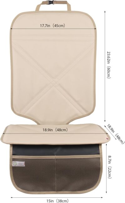 Car Seat Protector Leather Waterproof Child Safety Seat Protector Cover with Thick Pad and 2 Large Pockets Durable Kick Mat for All Auto Seat (Beige) - Image 4