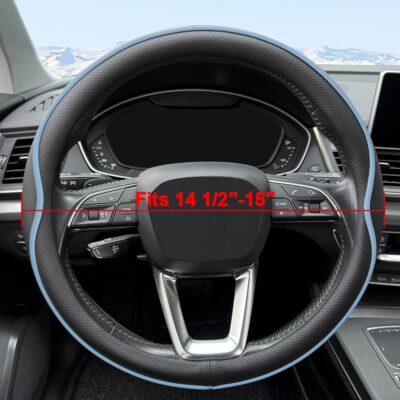 Leather Steering Wheel Cover， with Anti-Slip Stripe Design - Enhanced Grip, Fashion Style, Safe, Non-Slip, Breathable. Upgrade car Interior，Black Blue - Image 2