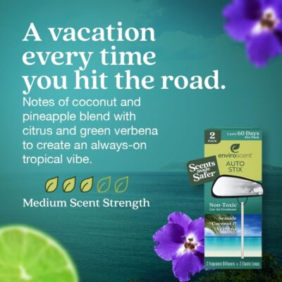 Enviroscent Non-Toxic* Car Air Freshener Auto Stix® - Scents Made Safer - Enjoy Fragrance Lasts Up to 180 Days - Includes Auto Stix® Diffusers & Elastic Loops - Seaside Coconut & Verbena (Pack of 3) - Image 3