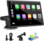 7 inch Carplay Screen for Car - Supports Wireless Apple Carplay & Android Auto, Portable Touchscreen with Bluetooth, Navigation, Voice Control, Mirror Link,Universal for All Cars (Black)