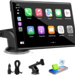 7 inch Carplay Screen for Car - Supports Wireless Apple Carplay & Android Auto, Portable Touchscreen with Bluetooth, Navigation, Voice Control, Mirror Link,Universal for All Cars (Black)