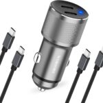 Dual 45W USB C Car Charger, 90W Max Super Fast Charging, All Metal 12V Cigarette Lighter Adapter for iPhone 17 Pro Max/16/15/iPad, Samsung Galaxy S26+/S25, Google Phones with 2 Type C Cable 3.3ft Gray