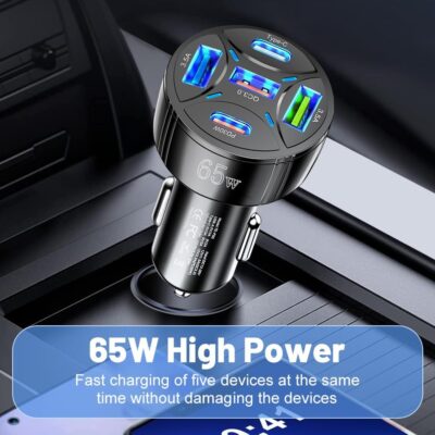 Super Fast Charging USB-C Car Charger Adapter, 65W 5-in-1 Multi-Port PD30W & QC3.0 Cigarette Lighter USB Charger for iPhone/Android/Samsung/iPad Pro (Black) - Image 7