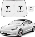300T Sunshade for Tesla Model Y Model 3, Car Accessories 2026 for Tesla, Front Window Sunshade with Organizer Bag, Gifts for Tesla Owners