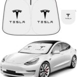300T Sunshade for Tesla Model Y Model 3, Car Accessories 2026 for Tesla, Front Window Sunshade with Organizer Bag, Gifts for Tesla Owners