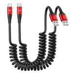USB to USB C Cable Fast Charging 3ft, 2Pack Coiled USB C Charger Cable for Car, USB Type C Charger Cord, USB-C Cable Compatible with iPhone 17/16/15/Plus/Pro Max/Samsung Galaxy S20-Red
