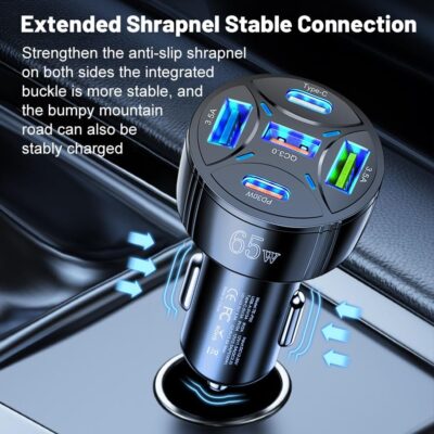Super Fast Charging USB-C Car Charger Adapter, 65W 5-in-1 Multi-Port PD30W & QC3.0 Cigarette Lighter USB Charger for iPhone/Android/Samsung/iPad Pro (Black) - Image 4