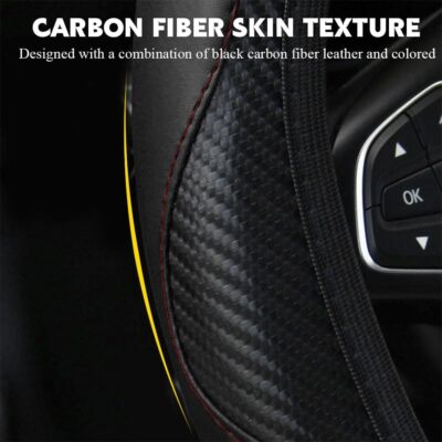 Car Steering Wheel Cover, 15 Inch Carbon Fiber Leather Stitching Color Steering Wheel Protector, Anti-Slip Elastic Breathable Steering Wheel Cover for Most Vehicles (Black) - Image 4