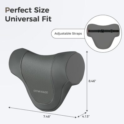 Coverado Car Headrest Pillow, Ergonomic Memory Foam Car Neck Pillow for Driving Seat with Adjustable Strap, Soft PU Leather Breathable Removable Cover Neck Support for Neck Pain Relief - Gray - Image 7