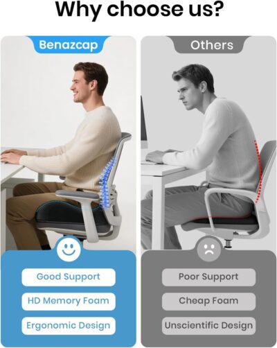 Benazcap Large Memory Foam Office Chair Cushion Seat Pad, Ergonomic Seat Cushion for Sciatica, Tailbone & Back Pain Relief, Car Seat Cushions for Driving - Image 4