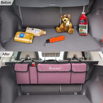 Hanemia Car Trunk Organizer, Backseat Hanging Storage with 4 Large Pockets, Collapsible Cargo Bag with Adjustable Straps Frees Trunk Floor, Sturdy Space Saving Expert for SUV, Truck, Van (Pink) - Image 4