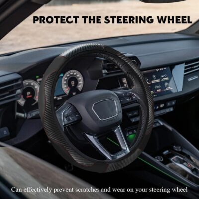Car Steering Wheel Cover, 15 Inch Carbon Fiber Leather Stitching Color Steering Wheel Protector, Anti-Slip Elastic Breathable Steering Wheel Cover for Most Vehicles (Black) - Image 5