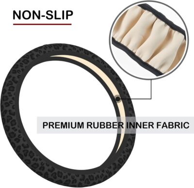 Black Leopard Print Cheetah Elastic Steering Wheel Cover, Non-Slip Breathable Neoprene Steering Wheel Covers, Women Leopard Car Accessories, Universal 15 Inch Fit Auto, Suvs, Truck - Image 5