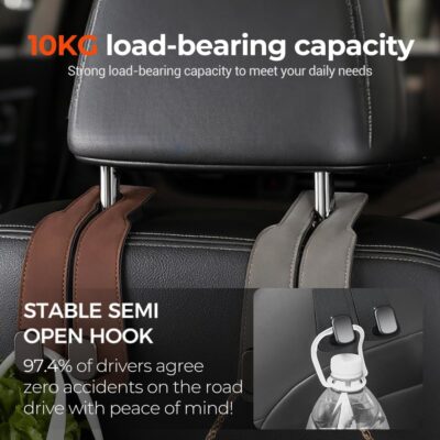 Headrest Hooks for Car, Twinhook Leather Car Headrest Hangers, Car Seat Hooks for Handbag Purse Coat Bags (Black*2) - Image 4
