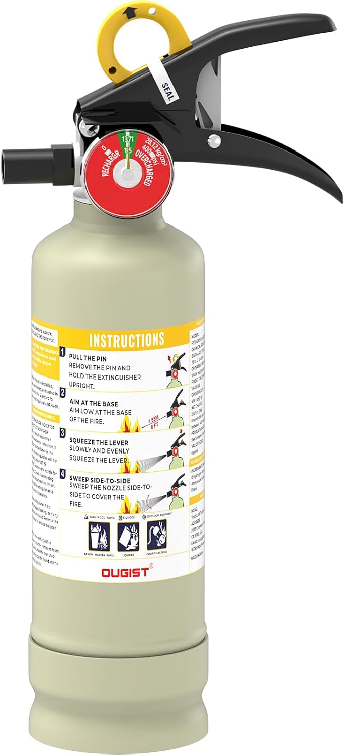 61u9TusFvzL._AC_SL1500_.jpg Ougist ABC Dry Powder Fire Extinguisher, 2.5lb – 1-A:10-B:C Rated for Home, Office & Vehicle, Quick Release, Easy-Grip Handle, Ideal for Electrical & Grease Fires, Car Extinguisher, Model FF1KG - Image 1