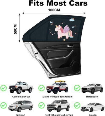 Car Window Shades for Baby, 2 Pack Car Sun Shades with UV Protection, Universal Fit Stretchable Side Window Sunscreen Sun Shades with Unicorn Motifs, Rear Window Shades for Kids - Image 2