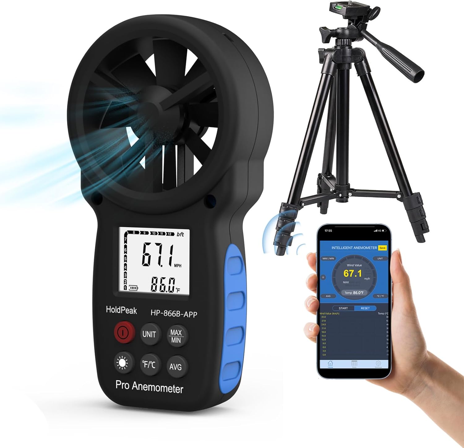61uTV4U0mNL._AC_SL1500_.jpg HoldPeak Handheld Anemometer Bluetooth with Tripod, Digital Wind Speed Gauge Meter, Air Flow Velocity Temperature CFM Measuring Device for HVAC Outdoor Sailing Shooting Golf, 866B-APP - Image 1
