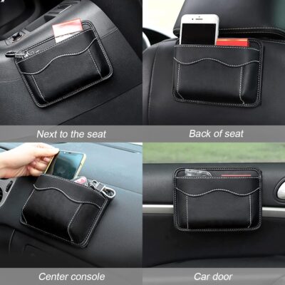 Car Seat Side Pocket Organizer, PU Leather Mini Storage Bag for Auto Door Window Console, Pen Phone Holder Tray Pouch Vehicle Seat Gap Filler for Organize Document, Registration, Notepad (Black) - Image 5