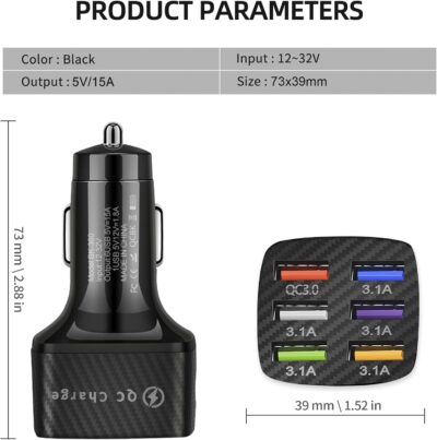 Amiss Car Charger Adapter, 6 USB Multi Port, Fast Charger, Include QC 3.0 and 5 Other Ports, Car Interior Accessories, Fit for iPhone 13/12/11/pro, Samsung Galaxy/Note S10/S9/S8, Android - Black - Image 2
