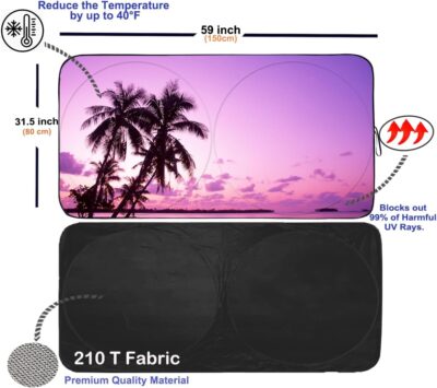 Gven Sunshade for Car Windshield with Tropical Palm Tree Design- UV Protection& Heat Blocking Sunshade for Cars Sedan SUV Truck| Keep Car Cool in Summer Beach Vacation Style (Sunset, S) - Image 2