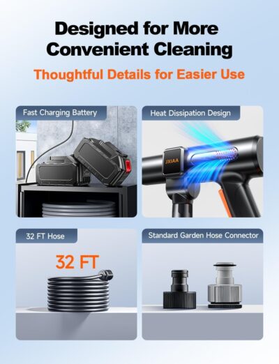 Cordless Pressure Washer, 1880 Max PSI 3.0 GPM Battery Powered Power Washer with Multi-Level Adjustment, 6-in-1 Nozzle & Foam Cannon, Portable Power Cleaner Kit with 32ft Hose for Car & Home - Image 8