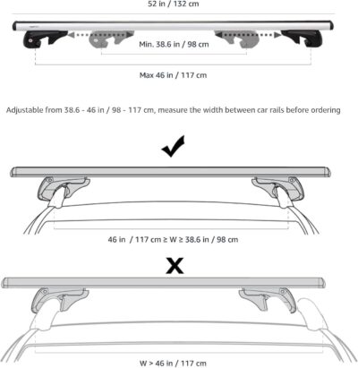 Amazon Basics Cross Rail Roof Rack, 52 inches, Fits up to 46" Spans between Raised Side Rails with Gap, Pack of 2, Black/Silver - Image 2
