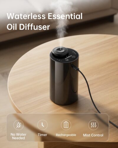 Waterless Essential Oil Diffuser with 4 x 10mL Hotel Scent Fragrance Oils, Rechargeable Car Diffuser Air Freshener Machine, 3 Timer & 3 Mist Modes, Aromatherapy Kit for Home - Image 2
