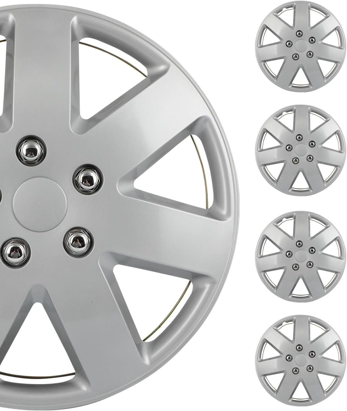 61xnIxEzNlL._AC_SL1500_.jpg SCITOO 16" Silver Hubcaps Set of 4, fits Cars, Trucks, SUVs, Easy Install, Universal fit, Stylish & Rust-Resistant - Image 1