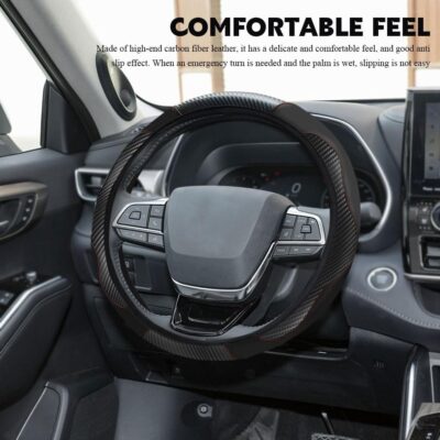 Car Steering Wheel Cover, 15 Inch Carbon Fiber Leather Stitching Color Steering Wheel Protector, Anti-Slip Elastic Breathable Steering Wheel Cover for Most Vehicles (Black) - Image 3