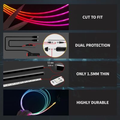 Ambient Lighting Car Led Lights Interior Kit,4 in 1 Acrylic Led Lights for Car Interior Decorations,DIY Fiber Optic Music Sync RGB Neon Strip Ambiance Footwell Lighting with Wireless APP - Image 2