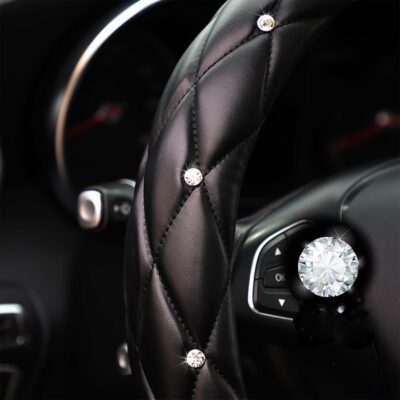 YOGURTCK Diamond Soft Leather Anti-Slip Steering Wheel Cover with Bling Bling Crystal Rhinestones, Universal 15 Inch for Women Girls, Fit Vehicles, Sedans, SUVs, Vans, Trucks - Black - Image 4