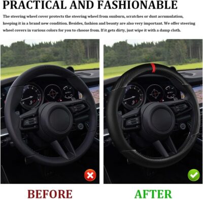 Car Steering Wheel Cover, Steering Wheel Accessories, 15 Inch Microfiber Leather Carbon Fiber Soft Anti-Slip Breathable, Car Accessories Elastic Non-Slip Cover for Most Vehicles (Black) - Image 5