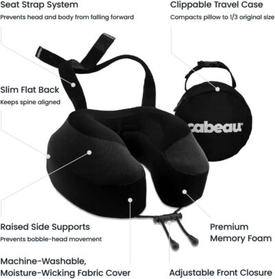 Cabeau Evolution S3 Airplane Travel Pillow for Long Flights - Supportive Memory Foam Body Positioner with Seat Straps to Secure Your Head and Neck and Provides 360 Support (Jet Black) - Image 3
