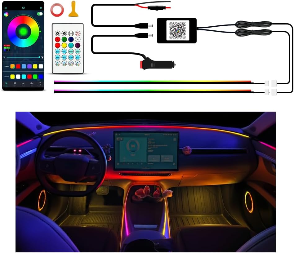 61z0QB7EVcL._AC_SL1000_.jpg Ambient Lighting Car Led Lights Interior Kit,2PCS 43.3 inches Dream Color Acrylic Led Strips Lights for Car Interior Dashboard,DC 12V Fiber Optic Music Sync Neon Ambiance Lighting with Wireless APP - Image 1