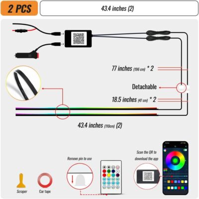 Ambient Lighting Car Led Lights Interior Kit,2PCS 43.3 inches Dream Color Acrylic Led Strips Lights for Car Interior Dashboard,DC 12V Fiber Optic Music Sync Neon Ambiance Lighting with Wireless APP - Image 5