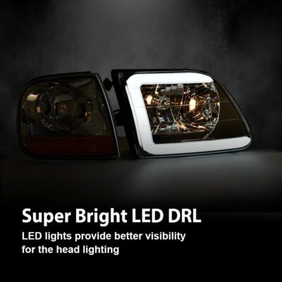 G-PLUS Lightning Style Headlights LED DRL Light Strip Compatible with Ford Expedition 1997-2002/Fit Ford F150 1998-2004/Fit F250 1997-1999 Clear Lens Chrome Housing Amber Reflector - Image 4