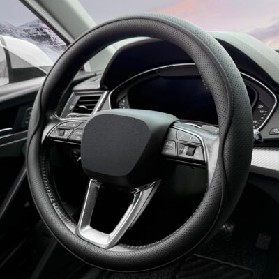 Leather Steering Wheel Cover， with Anti-Slip Stripe Design - Enhanced Grip, Fashion Style, Safe, Non-Slip, Breathable. Upgrade car Interior，Black - Image 3