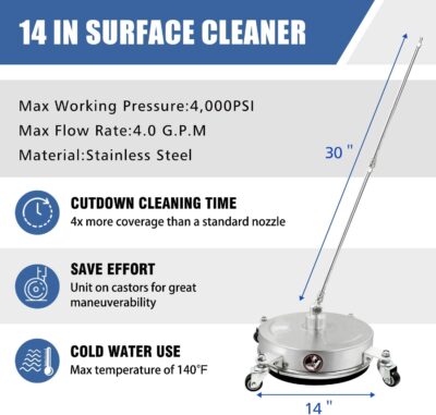 janz 14" Pressure Washer Surface Cleaner with 4 Wheels, Stainless Steel Housing, 1/4" Quick Plug, 2 Extension Wands, 2 Replacement Nozzles and 3 Spray Nozzles, 4000 PSI - Image 2