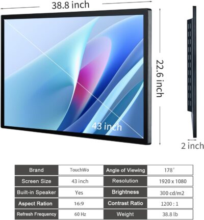 43 inch Capacitive Multi-Touch Screen Industrial Monitor, 16:9 Display 1920 x 1080P, Built-in Speakers, USB, VGA, DVI & HD-MI Ports, Digital Signage Displays and Player for Advertising - Image 5