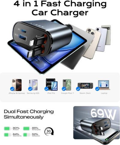 LISEN Retractable Car Charger 4 in 1 for Cars, 69W Retractable USB C Car Charger with 31.5in Cable, Fast Charging for iPhone 17 16 15 14 13 12 Pro Max Plus, Compact Cars Accessories for Daily Driving - Image 6