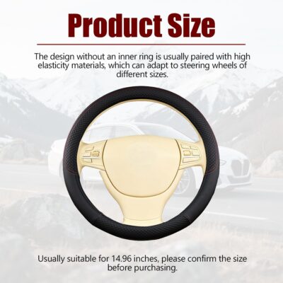Car Steering Wheel Cover, 15 Inch Elastic Stretch Leather Vehicle Steer Wheel Cover Protector, Anti-Slip Breathable Automotive Interior Protection Accessories, Universal Fit (Black) - Image 2