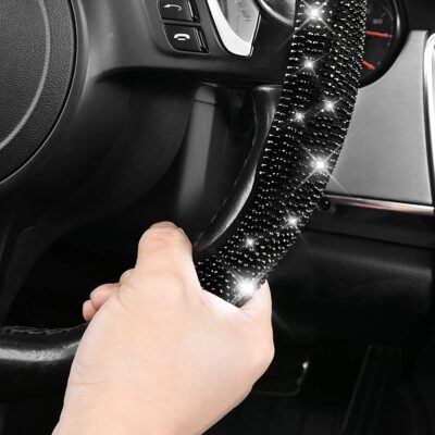 CAR PASS 2PCS Bling Diamond Segmented Steering Wheel Cover with Crystal Rhinestones, Wheel Protector Non-Slip Cute Car Accessories Universal Fit D-Shape O-Shape 14.5" to 16" for Women, Black Diamond - Image 7