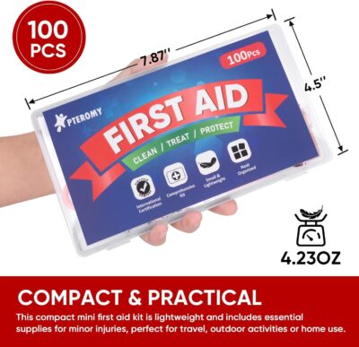 PTEROMY 100 Piece Mini First Aid Kit, Portable Small Emergency Kits Compact 1st Aid Kit for Car, Travel, Home, Camping, Outdoor, Hiking - Image 2