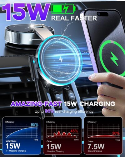 for Magsafe Car Mount Charger, 15W Fast Charging Wireless Car Charger [120LBS Suction &3800gf Magnet] 780° Adjustable, Vacuum Magnetic Phone Holder for Your Car for iPhone & Android, Metal Stand Rotor - Image 2