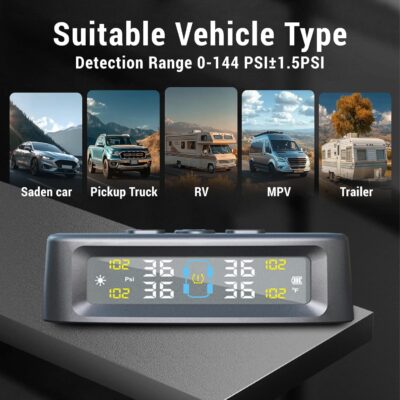 RV Tire Pressure Monitoring System, 6-Wheel Real Time Wireless TPMS Sensors Set of 6 for Cars, SUVs & Light Trucks (0-9.9 BAR, 0-144 PSI, Solar/USB Charging)±3 PSI (6 Sensors) - Image 3