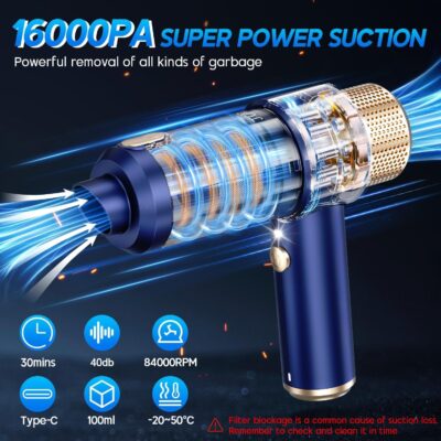 JONYJ Handheld Car Vacuum Cleaner, 16000PA Hand Held Vacuum Portable Cordless, 2 in 1 Air Duster and Vacuum Cleaner with LED Light, Multi-Nozzles, 120W High Power Mini Vacuum for Home, Pet, Office - Image 3